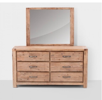 a six-drawer acacia wood dresser with mirror